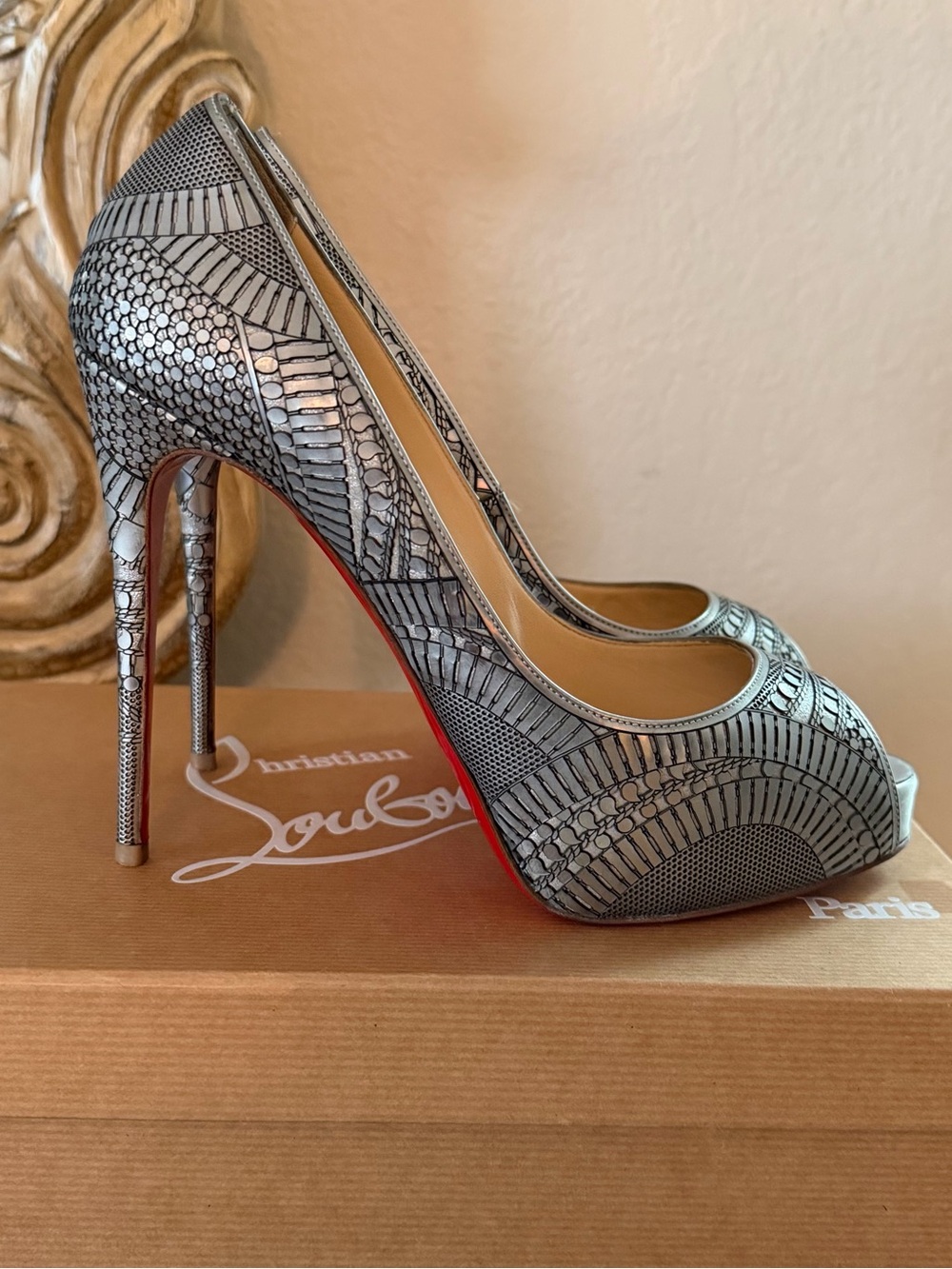 Christian Louboutin Silver Patterned Peep-Toe Pump with Red Sole